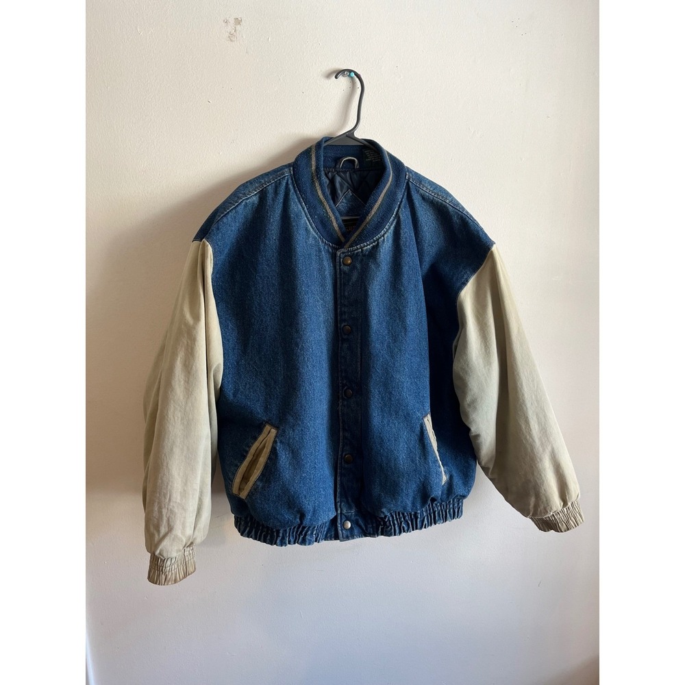Vintage McGregor Denim Varsity Jacket Mens XL Blue Jean Bomber Snap Front
